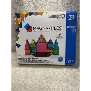 Magna-Tiles Clear Colors 32 Piece Set Magnetic Building Tiles STEM Toy Complete
